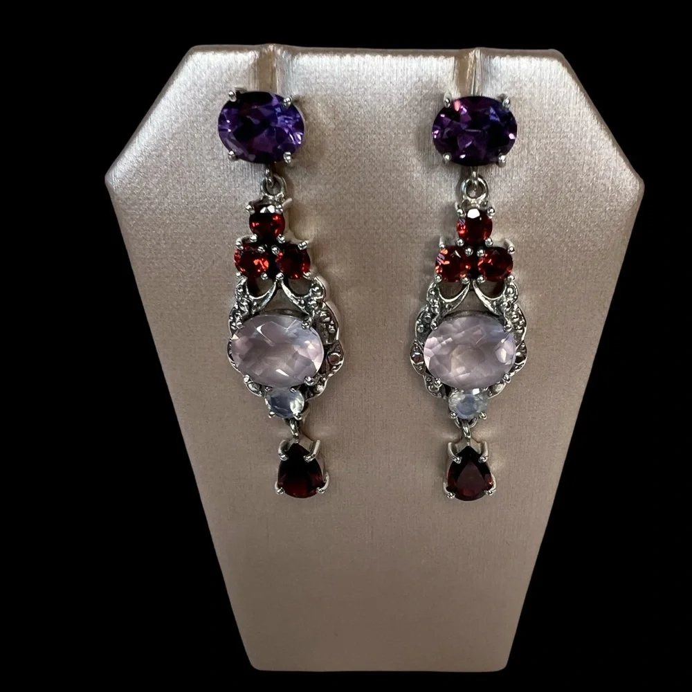 🌟NICKY BUTLER 925 Sterling Silver Rose Quartz Garnet Moonstone Drop Earr… - Picture 6 of 11